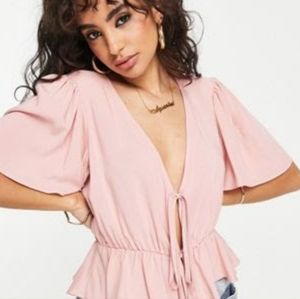 Petite angel sleeve with double tie front tea blouse with peplum hem